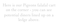 Here is our Pigeons falafal cart on the corner - you can see potential diners lined up on a ledge above.