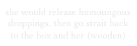 she would release humoungous droppings, then go strait back to the box and her (wooden) eggs.