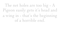 The net holes are too big - A Pigeon easily gets it’s head and a wing in - that’s the beginning of a horrible end.